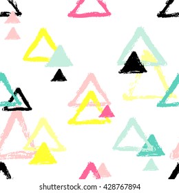 Hand drawn seamless pattern. Black and white, grunge textured  monochrome vector illustration. Brush made abstract background. Hipster monochrome texture with triangles. Trendy graphic design.