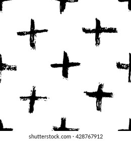 Hand drawn seamless pattern. Black and white, grunge textured  monochrome vector illustration. Brush made abstract background. Hipster monochrome texture with crosses or pluses. Trendy graphic design.