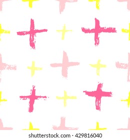 Hand drawn seamless pattern. Black and white, grunge textured monochrome vector illustration. Brush made abstract background. Hipster monochrome texture with crosses or pluses. Trendy graphic design.