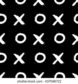 Hand drawn seamless pattern. Black and white, grunge textured monochrome vector illustration. Brush made abstract background. Hipster monochrome texture with crosses and zero. Trendy graphic design.
