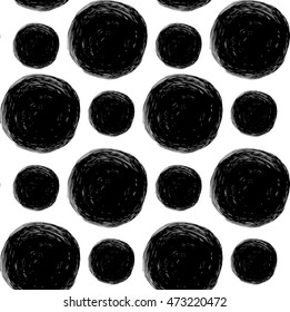 Hand drawn seamless pattern. Black and white, grunge textured monochrome vector illustration. Brush made abstract background. Hipster monochrome texture with circles or rounds. Trendy graphic design.