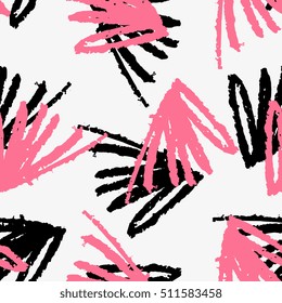 Hand drawn seamless pattern in black and pink on cream background.