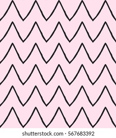 Hand drawn seamless pattern with black zigzag stripes on pink color background. Brush stroke lines, Trendy Geometric pattern. Romantic Retro style. Print fashion, Home decor. fabric textile.