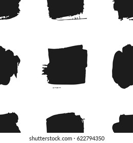 Hand drawn seamless pattern with black paint squares. Abstract brush background. Grunge vector illustration