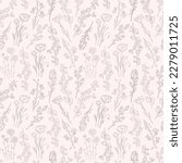 Hand drawn seamless pattern of blooming magnolia, iris, poppy flower, eucalyptus, canterbury bell, daisy. Floral collection on a pink background. Decorative illustration for wallpaper, wrapping paper