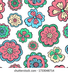 Hand drawn seamless pattern of blooming flowers, leaves with patterns. Spring floral set elements. Colorful doodle sketch illustration for design card, invitation, wallpaper, wrapping paper, fabric