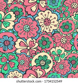 Hand drawn seamless pattern of blooming flowers, leaves with patterns. Spring floral set elements. Colorful doodle sketch illustration for design card, invitation, wallpaper, wrapping paper, fabric