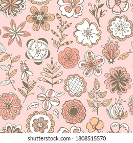 Hand drawn seamless pattern of blooming flowers, leaves with patterns. Spring floral set elements. Colorful doodle sketch illustration for design card, invitation, wallpaper, wrapping paper, baby room