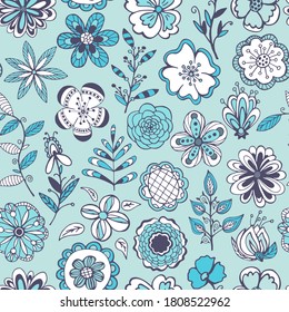 Hand drawn seamless pattern of blooming flowers, leaves with patterns. Spring floral set elements. Colorful doodle sketch illustration for design card, invitation, wallpaper, wrapping paper, baby room