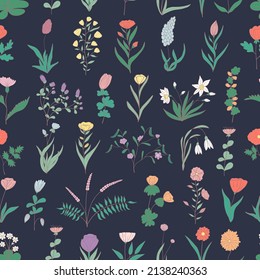 Hand drawn seamless pattern of blooming flowers and leaves. Floral colorful summer collection. Decorative doodle illustration for greeting card, wallpaper, wrapping paper, fabric, packaging