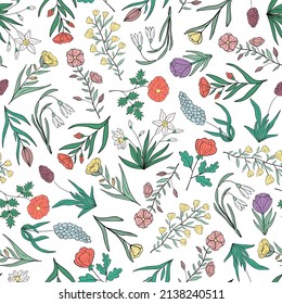 Patrón de flores y hojas en flor dibujado a mano. Colección floral colorida de verano. Ilustración decorativa de doodle para tarjeta de felicitación, papel tapizado, papel de embalaje, tela, embalaje