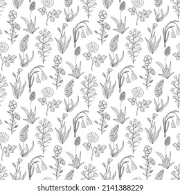 Patrón de flores y hojas en flor dibujado a mano. Colección de verano floral. Ilustración decorativa de doodle para tarjeta de felicitación, papel tapizado, papel de embalaje, tela, embalaje