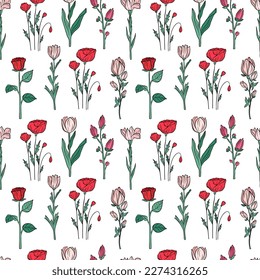 Hand drawn seamless pattern of blooming magnolia, iris, poppy flower, rose, tulip. Floral collection on a white background. Decorative summer illustration for greeting card, wallpaper, wrapping paper