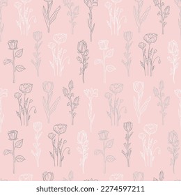 Hand drawn seamless pattern of blooming magnolia, iris, poppy flower, rose, tulip. Floral outline collection on a pink background. Decorative illustration for greeting card, wallpaper, wrapping paper