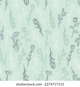 Hand drawn seamless pattern of blooming magnolia, iris, poppy flower, rose, tulip. Floral outline collection on a green background. Decorative illustration for greeting card, wallpaper, wrapping paper