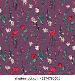 Hand drawn seamless pattern of blooming magnolia, iris, poppy flower, rose, tulip. Floral collection on a purple background. Decorative summer illustration for greeting card, wallpaper, wrapping paper