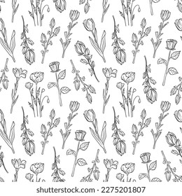 Hand drawn seamless pattern of blooming magnolia, iris, poppy flower, rose, tulip. Floral outline collection on a white background. Decorative illustration for greeting card, wallpaper, wrapping paper