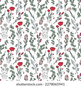 Hand drawn seamless pattern of blooming magnolia, iris, poppy flower, eucalyptus, canterbury bell, daisy. Floral collection on white background. Decorative illustration for wallpaper, wrapping paper