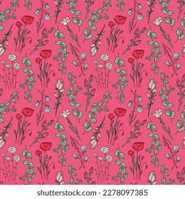Hand drawn seamless pattern of blooming magnolia, iris, poppy flower, eucalyptus, canterbury bell, daisy. Floral collection on red background. Decorative illustration for wallpaper, wrapping paper