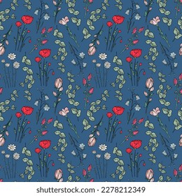 Hand drawn seamless pattern of blooming magnolia, iris, poppy flower, eucalyptus, canterbury bell, daisy. Floral collection on blue background. Decorative illustration for wallpaper, wrapping paper
