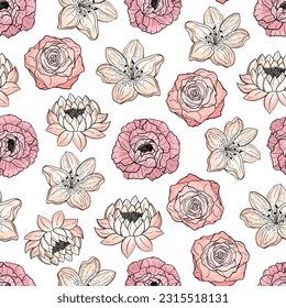 Hand drawn seamless pattern of blooming peony, rose, lily, lotus. Botanical colorful flowers. Decorative floral vector illustration for greeting card, invitation, wallpaper, wrapping paper, fabric