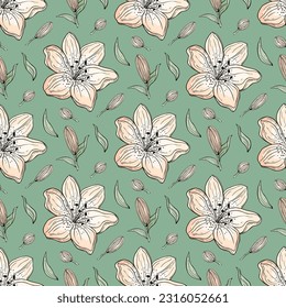 Patrón de lirios rosados florecientes dibujado a mano. Flores y ramas de colores con hojas. Ilustración vectorial floral decorativa para tarjeta de felicitación, invitación, papel tapizado, papel de envoltura, tela