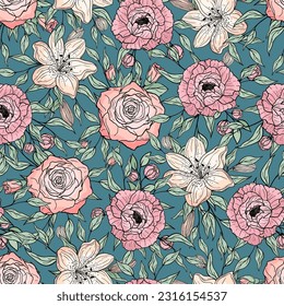 Hand drawn seamless pattern of blooming peony, rose, lily. Colorful flowers and branches with leaves. Decorative floral vector illustration for greeting card, wallpaper, wrapping paper, fabric