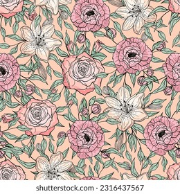 Hand drawn seamless pattern of blooming peony, rose, lily. Colorful flowers and branches with leaves. Decorative floral vector illustration for greeting card, wallpaper, wrapping paper, fabric