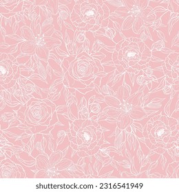 Hand drawn seamless pattern of blooming pink and white peony, rose, lily. Flowers and branches with leaves. Decorative floral vector illustration for greeting card, wallpaper, wrapping paper, fabric