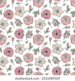 Hand drawn seamless pattern of blooming peony, rose, lily. Colorful flowers and branches with leaves. Decorative floral vector illustration for greeting card, wallpaper, wrapping paper, fabric