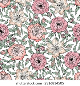 Hand drawn seamless pattern of blooming peony, rose, lily. Colorful flowers and branches with leaves. Decorative floral vector illustration for greeting card, wallpaper, wrapping paper, fabric