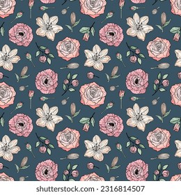 Hand drawn seamless pattern of blooming peony, rose, lily. Colorful flowers and branches with leaves. Decorative floral vector illustration for greeting card, wallpaper, wrapping paper, fabric