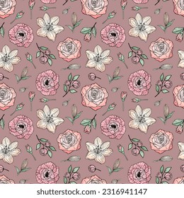Hand drawn seamless pattern of blooming peony, rose, lily. Colorful flowers and branches with leaves. Decorative floral vector illustration for greeting card, wallpaper, wrapping paper, fabric