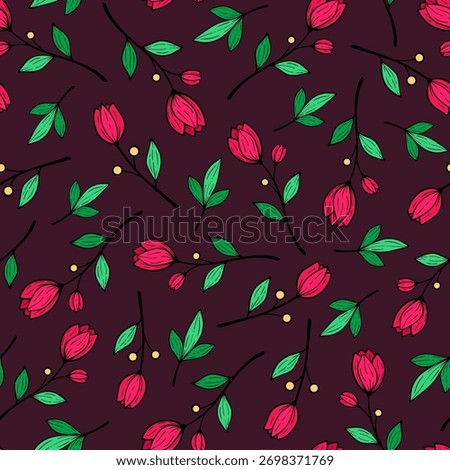 Hand drawn seamless pattern of blooming magenta flower with leaves. Abstract floral summer collection on purple background. Decorative colorful botanical illustration for wallpaper, wrapping paper