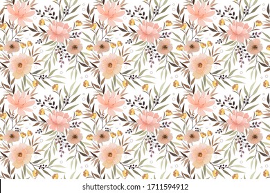  Hand drawn seamless pattern with blossom flowers in vintage brown c