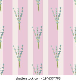 Hand drawn seamless pattern with hand drawn blue lavender ornament. Pink striped background. Great for fabric design, textile print, wrapping, cover. Vector illustration.