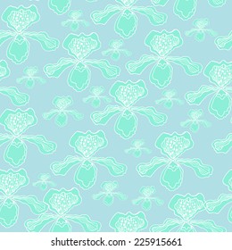 Hand drawn seamless pattern with blue and white orchids on blue background. Vector illustration.