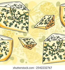 Hand drawn seamless pattern Blue cheese featuring various chunks on a light yellow background. Perfect for dairy product branding, gourmet themes, and culinary projects. Vector illustration.
