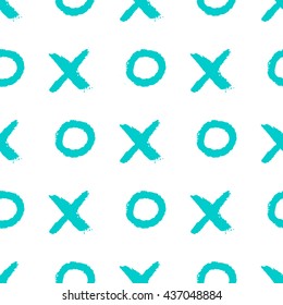 Hand drawn seamless pattern. Blue colored grunge textured stylish vector illustration. Brush made abstract background. Hipster monochrome texture with crosses and zero. Trendy graphic design.
