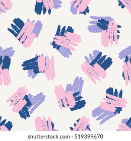 Hand drawn seamless pattern in blue, purple and pink on cream background.