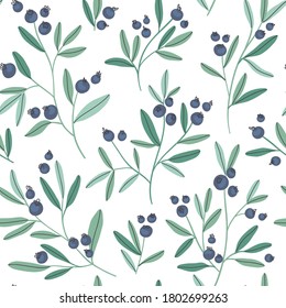 Hand drawn seamless pattern with blueberry branches and leaves on a white background. Perfect for home textile and wallpaper