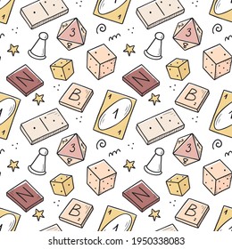 Hand drawn seamless pattern of board game element, cards, chess, hourglass, chips, dice, dominoes. Doodle sketch style. Isolated vector illustration for for board game shop, store.