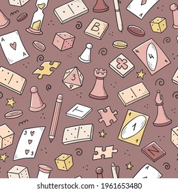 Hand drawn seamless pattern of board game element, cards, chess, hourglass, chips, dice, dominoes. Doodle sketch style. Isolated vector illustration for for board game shop, store.