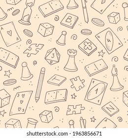 Hand drawn seamless pattern of board game element, cards, chess, hourglass, chips, dice, dominoes. Doodle sketch style. Isolated vector illustration for for board game shop, store.