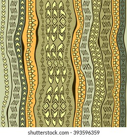 Hand drawn seamless pattern in boho chic style. Abstract wallpaper with ethnic aztec ornament.