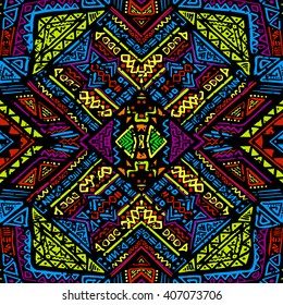 Hand drawn seamless pattern in boho chic style. Bright colored abstract background with ethnic Aztec ornament.
