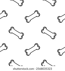 hand drawn seamless pattern of bones black and white version on white background