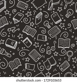 Hand Drawn Seamless Pattern Of Book Doodle Elements, Education Symbols. Vector Illustration For Book Store, Reading Club, Learning, Library Wallpaper, Texture Concept Design. Doodle Sketch Style.