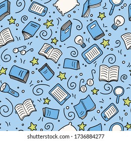 Hand drawn seamless pattern of book doodle elements, education symbols. Vector illustration for book store, reading club, learning, library wallpaper, texture concept design. Doodle sketch style.