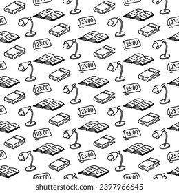 Hand drawn seamless pattern with book, notebook, table lamp, timer, alarm clock on white background. Doodle educational design. Adult and kids coloring page. Back to school. school supplies